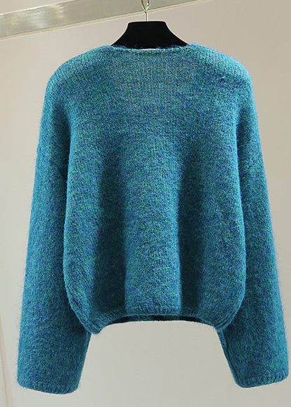 Blue V Neck Sequins Thick Cotton Knit Sweater Winter