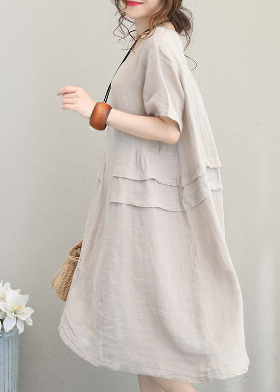 Fine Beige Linen Dress Linen Clothing Dresses O Neck Patchwork Cotton Dress