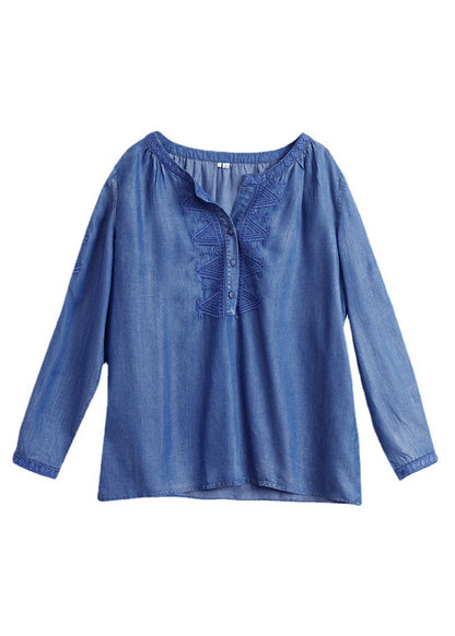 Brief Blue O-neck Embroidered Button Denim Shirts Spring