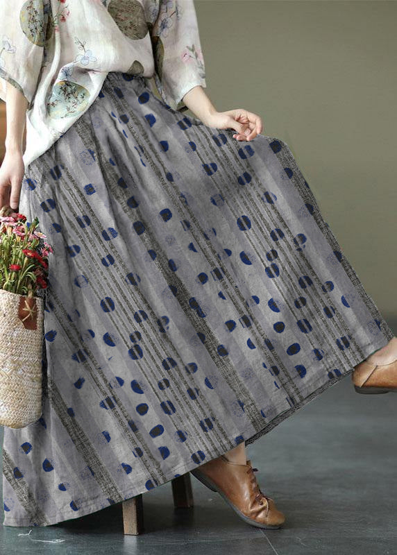 Navy Print Ramie Elastic Waist Skirt