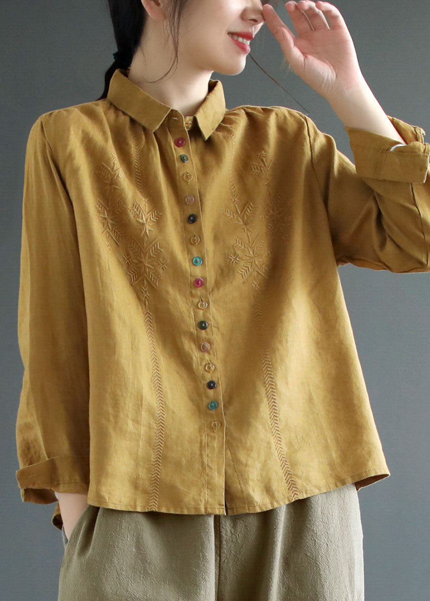 Yellow Peter Pan Collar Embroidered Linen Blouse Tops Fall
