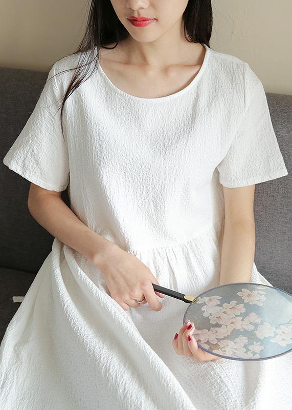 Style White Linen Cotton Dresses O Neck Jacquard Dresses Dresses