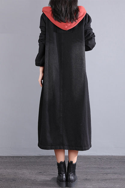 Hooded Patchwork Hooded Denim Jacket Long