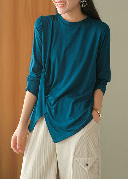 Blue Asymmetrical Design Wrinkled Fall Blouses