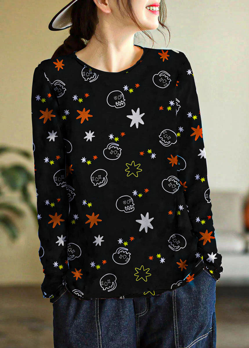 Beige O-neck Print Cotton Knitted Top Long Sleeve
