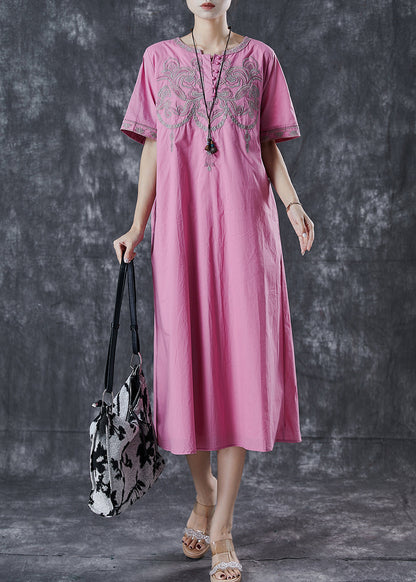 Pink Embroidered Cotton Long Dress Summer