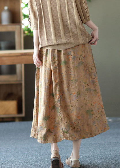 Khaki Patchwork Sashes Linen Skirt Summer