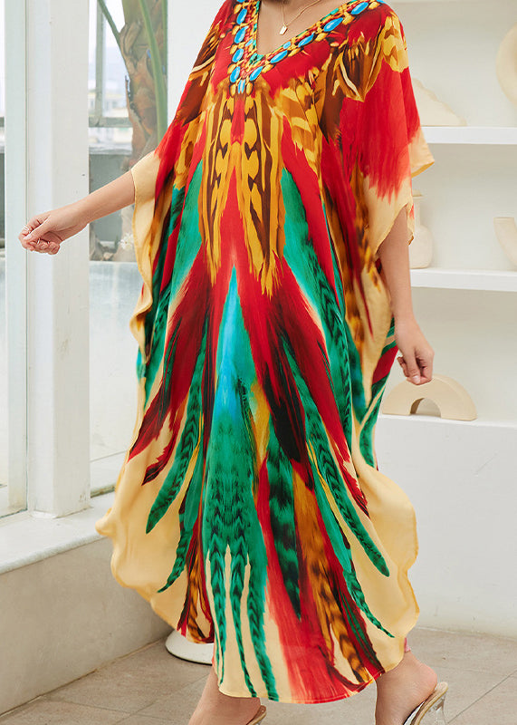 Boutique V Neck Print Side Open Cotton Maxi Dresses Summer