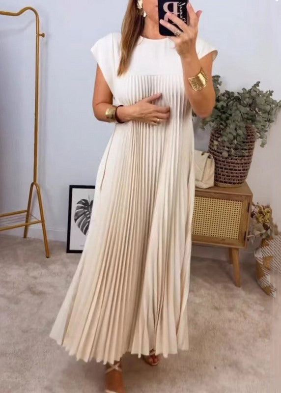 New Beige Wrinkled Pockets Long Dress Summer