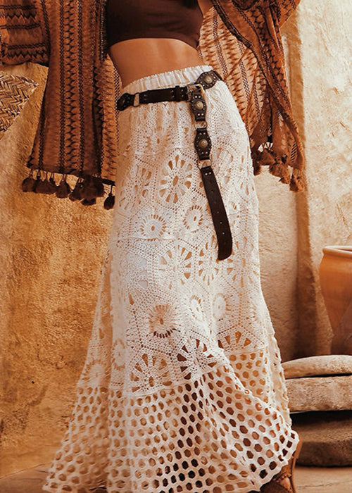 Apricot Hollow Out Lace Elastic Waist Cotton Skirts Summer