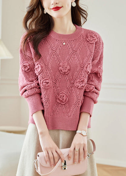Pink Hollow Out Knit Sweaters Fall