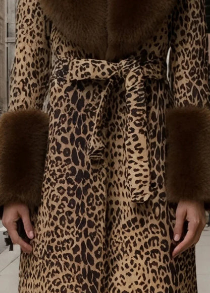 New Leopard Peter Pan Collar Lace Up Fuzzy Fur Fluffy Coat Fall