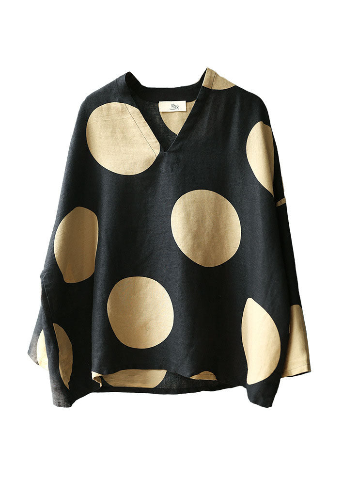 Modern Black V Neck Dot Print Linen Tops Spring