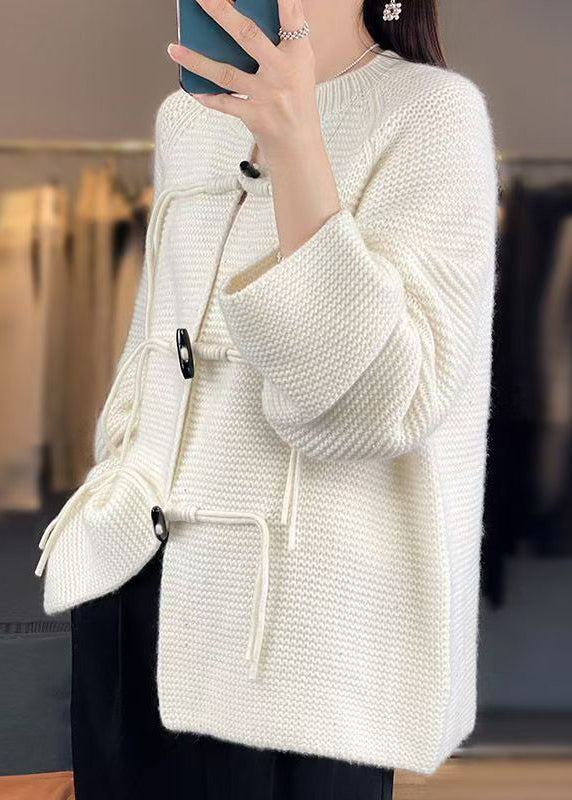 White Woolen Knit Coat O-neck Long Sleeve