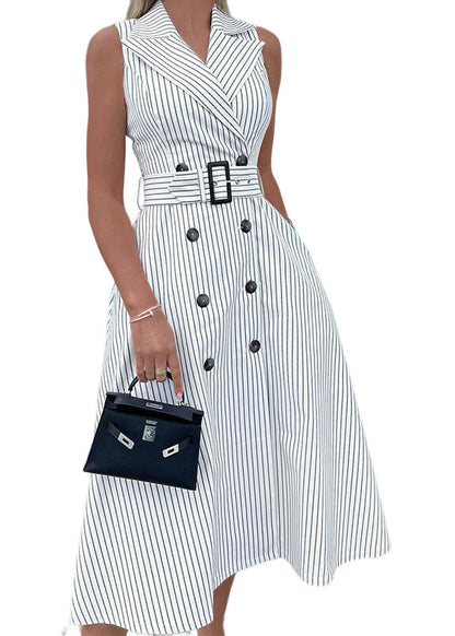 Classy White Peter Pan Collar Striped Cotton Dresses Sleeveless