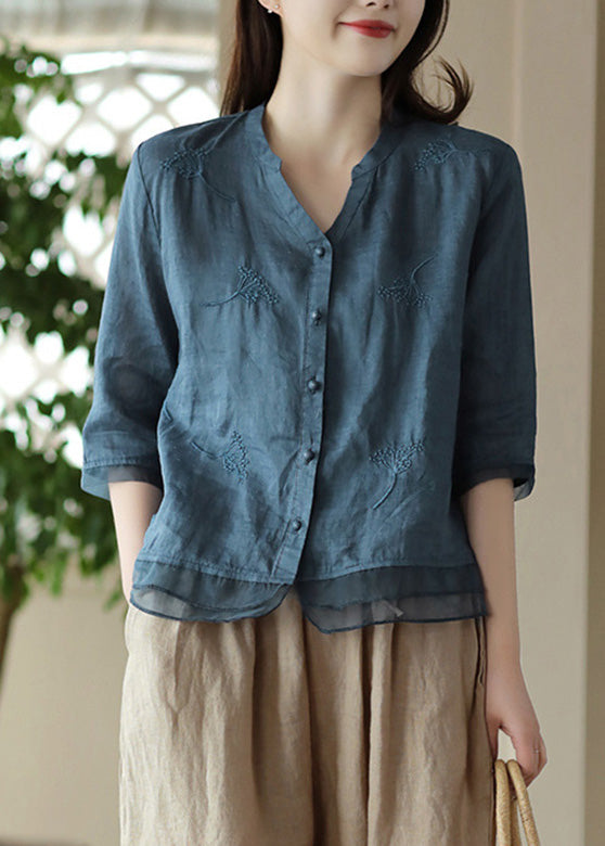 Blue V Neck Embroidered Ramie Shirt Half Sleeve