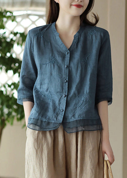 Blue V Neck Embroidered Ramie Shirt Half Sleeve
