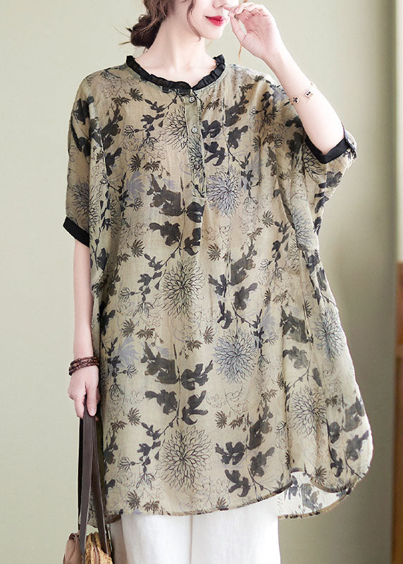 Ruffled Side Open Print Linen Long Shirts Batwing Sleeve