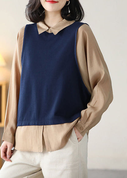 Navy Peter Pan Collar Patchwork Fake Two Piece Cotton Shirt Top Long Sleeve