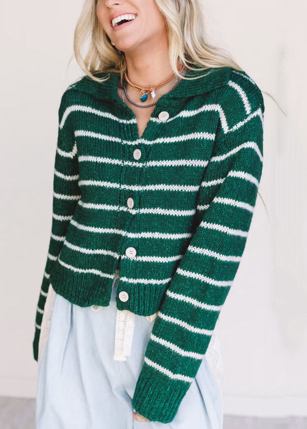 French Green Peter Pan Collar Striped Knit Short Sweaters Fall