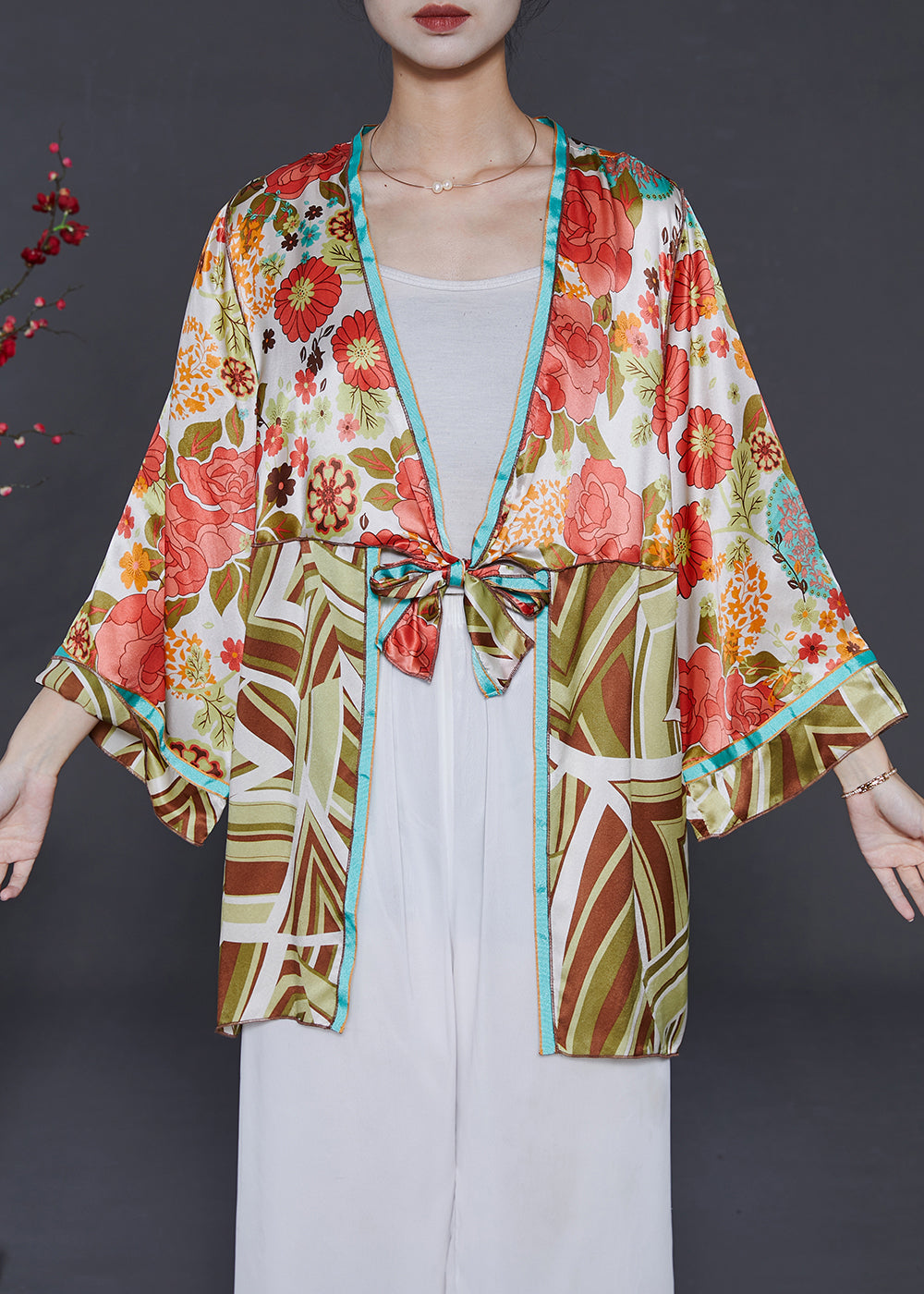 Pink Print Lace Up Silk Cardigan Summer