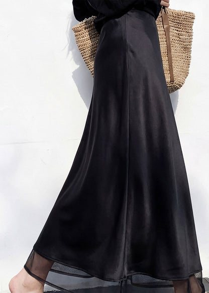 Italian Black Patchwork High Waist Silk Skirt Spring