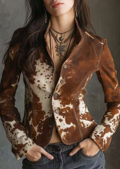 Chocolate Peter Pan Collar Print Button Faux Leather Jackets Fall