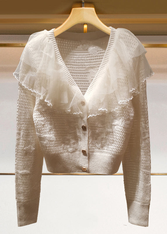 French Beige Tulle Ruffled Patchwork Knit Cardigans Spring