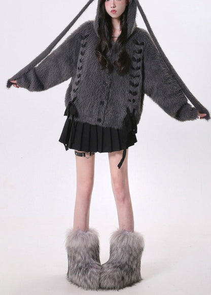 Dark Grey Oversized Bow Knit Rabbit Ears Hoodies Outwear Spring