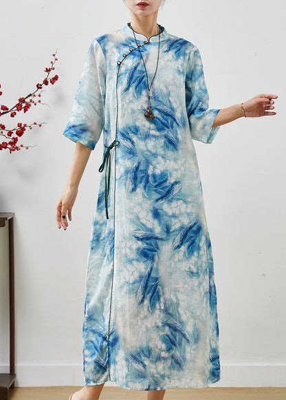 Blue Print Lace Up Linen Cheongsam Dresses Summer