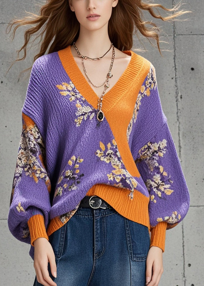 Purple Oversized Print Sweaters Batwing Sleeve
