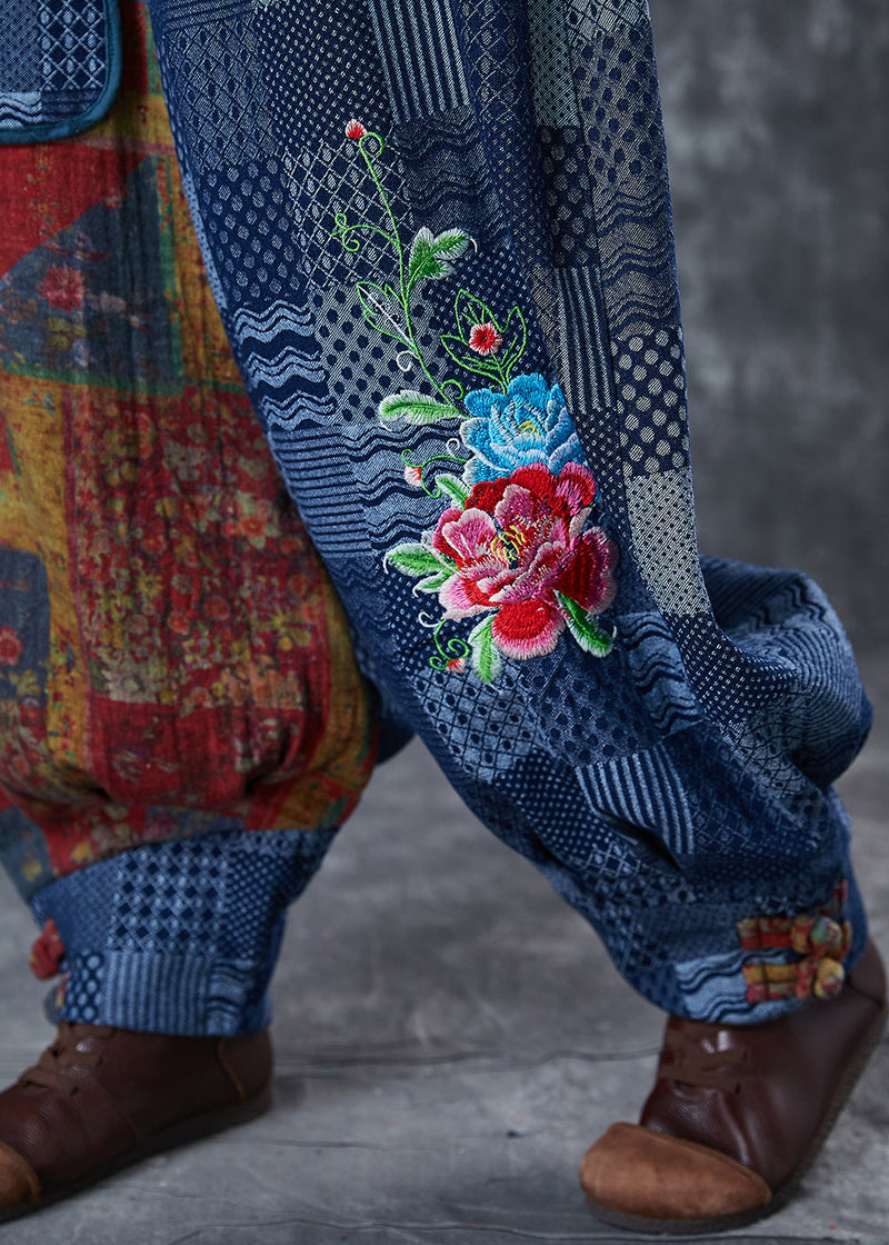Blue Embroidered Print Cotton Pants Summer