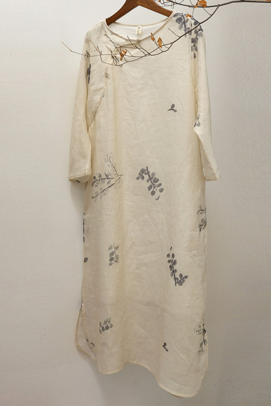 Summer Twill Ramie Print Dress Disc Button Cotton Linen Dress