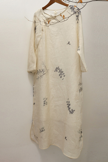 Summer Twill Ramie Print Dress Disc Button Cotton Linen Dress