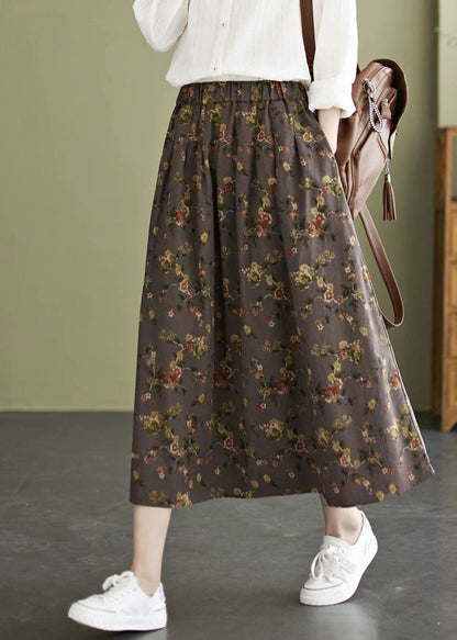 Classy Coffee Elastic Waist Print Cotton a Line Skirt Fall