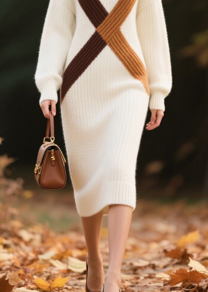 Diy White Turtle Neck Patchwork Knitted Dress Winter