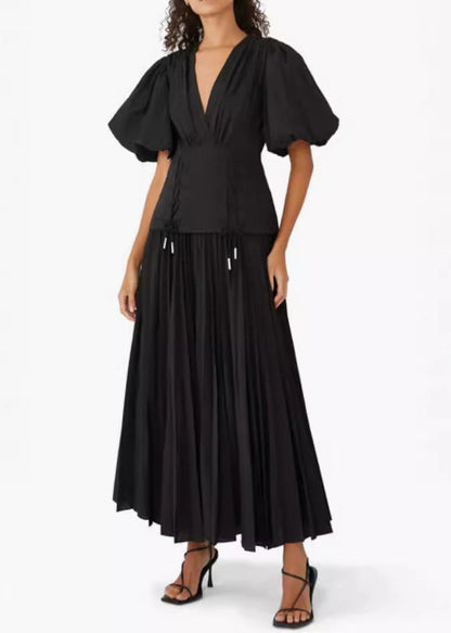 Black V Neck Lace Up Cotton Long Dresses Summer