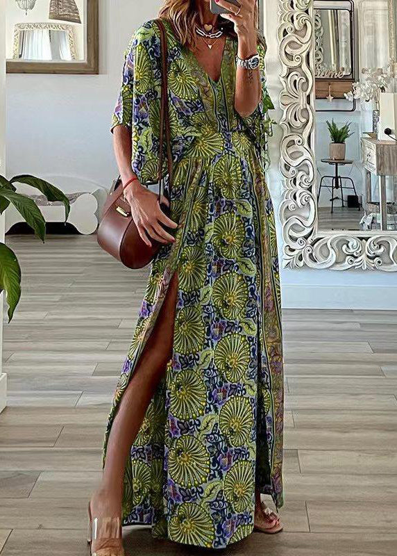 Blue V Neck Print Side Open Cotton Maxi Dresses Summer