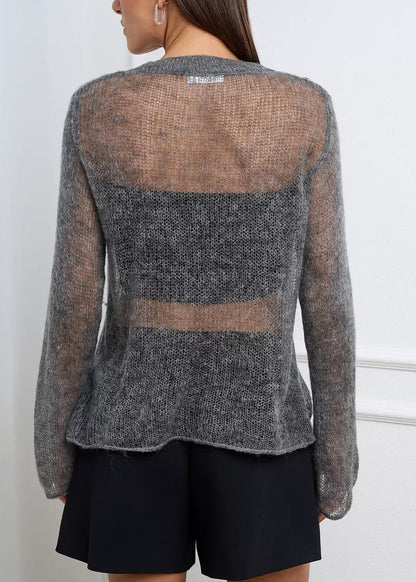European and American Grey Hollow Out Wool Knitted Top Spring and Summer