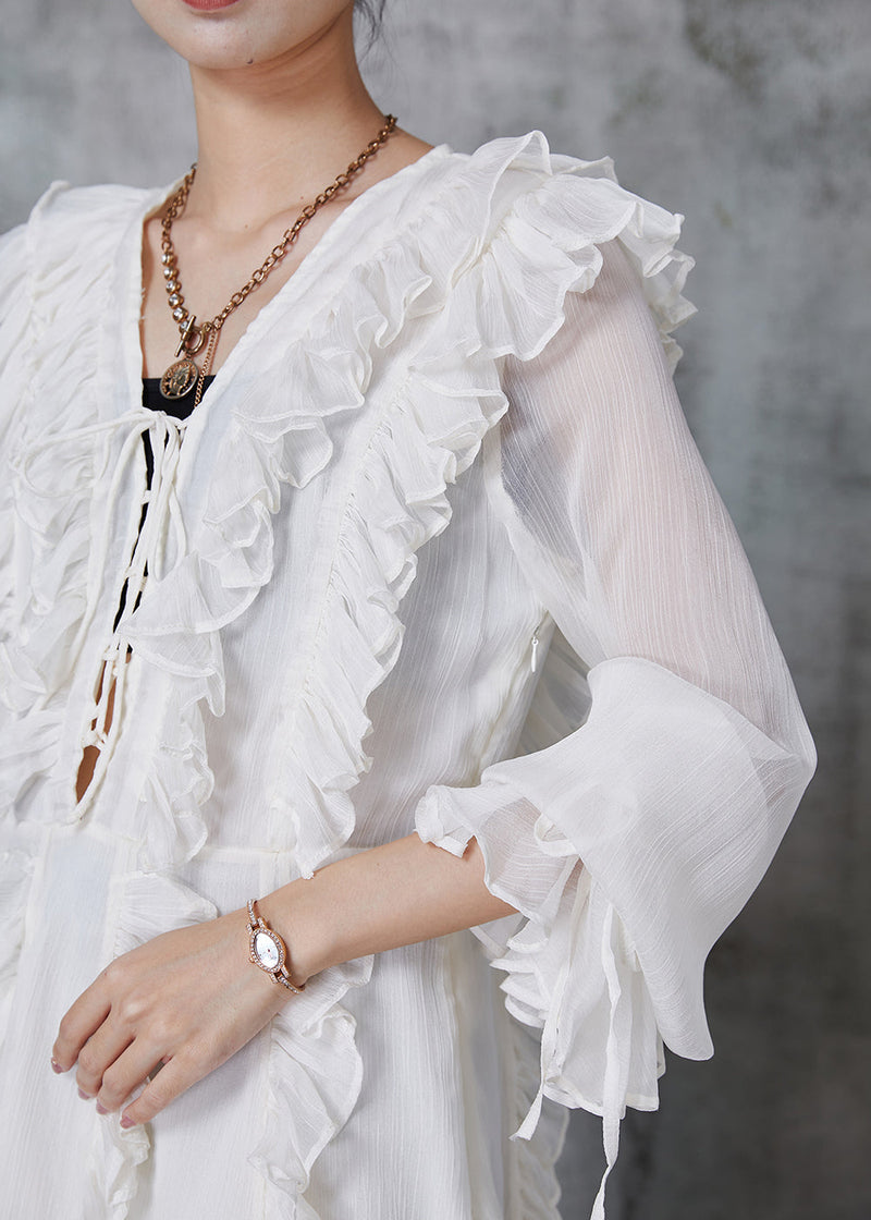 White Ruffled Chiffon Tea Dress Summer