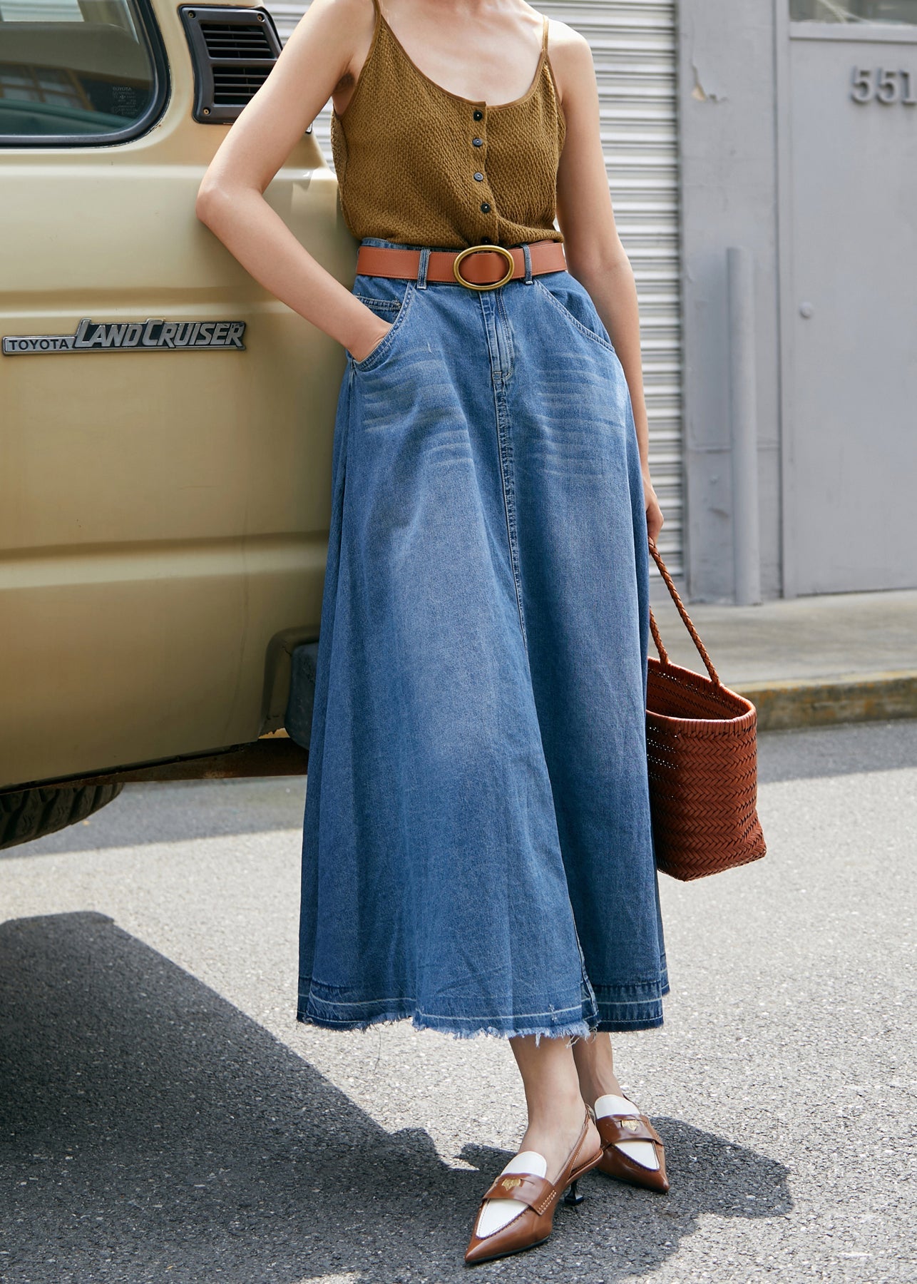 Blue Pockets High Waist Denim Skirt Fall