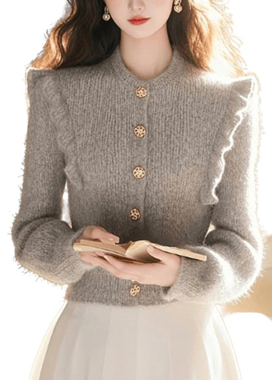 Grey O Neck Ruffled Patchwork Knit Top Spring