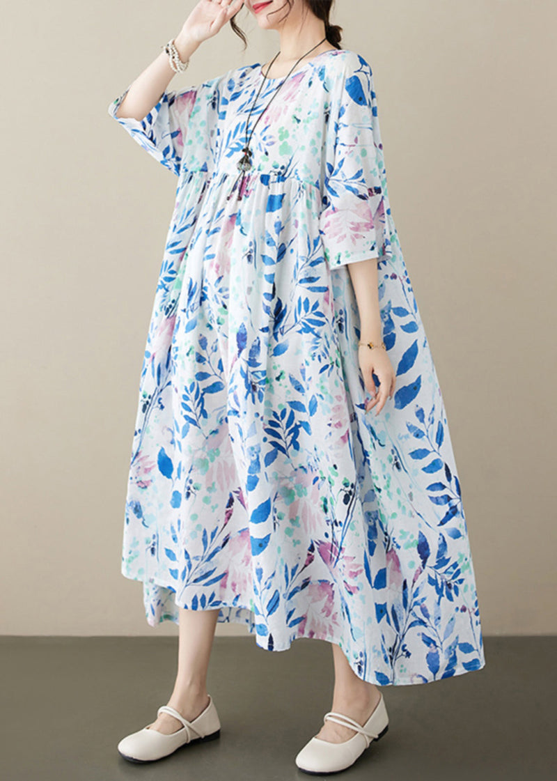 Blue O Neck Print Cotton Dress Summer