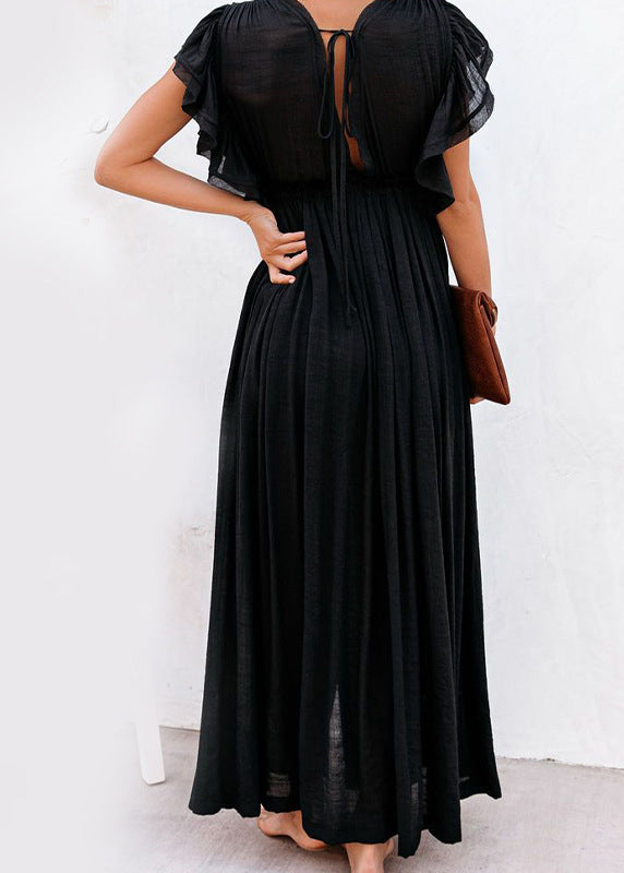 Loose Orange Ruffled Lace Up Patchwork Cotton Maxi Dress Summer