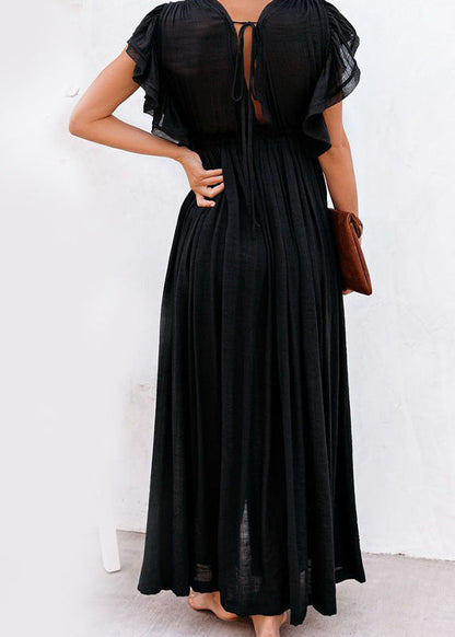 Loose Orange Ruffled Lace Up Patchwork Cotton Maxi Dress Summer