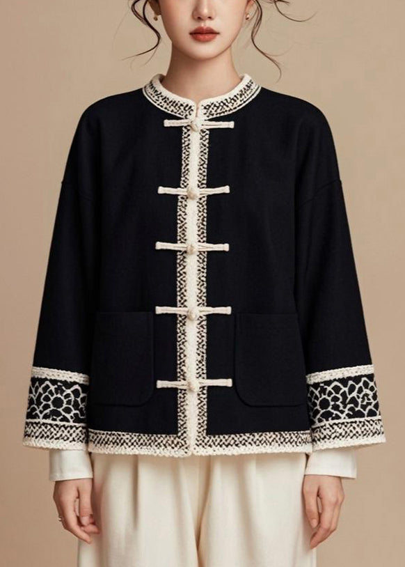 Italian Black O-neck Button Patchwork Cotton Coat Fall