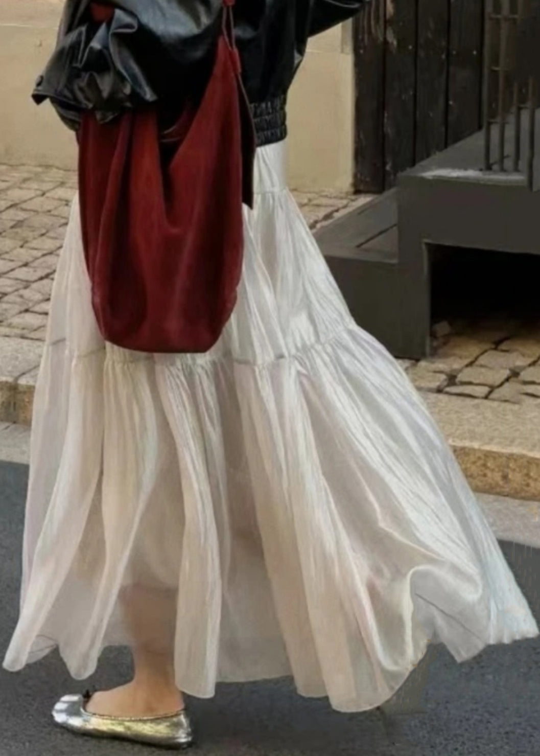 Light Grey Wrinkled Elastic Waist Silk Skirts Summer