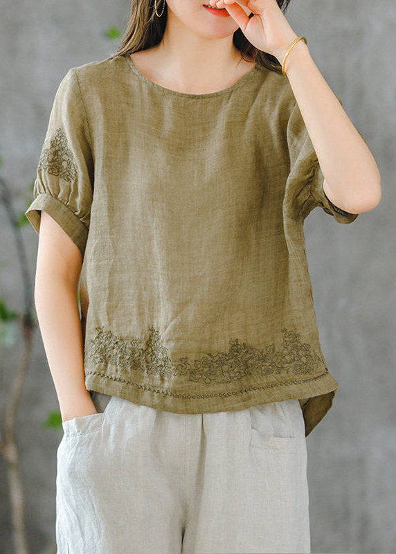 Grass Green O-neck Embroidered Ruffled Linen Tops Short Sleeve