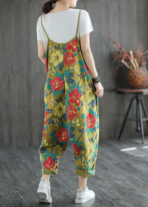Yellow Oversized Print Cotton Jumpsuit Ripped Jeans Spring
