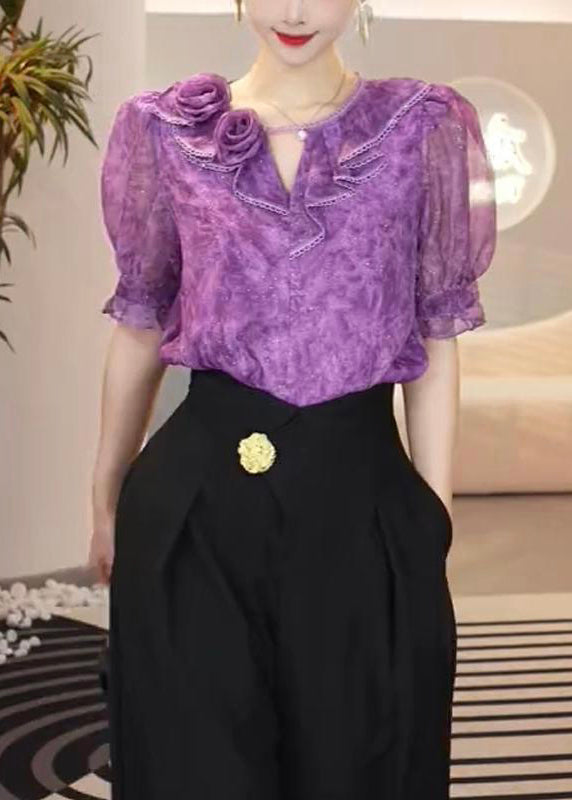 Fitted Purple O Neck Patchwork Chiffon Top Summer